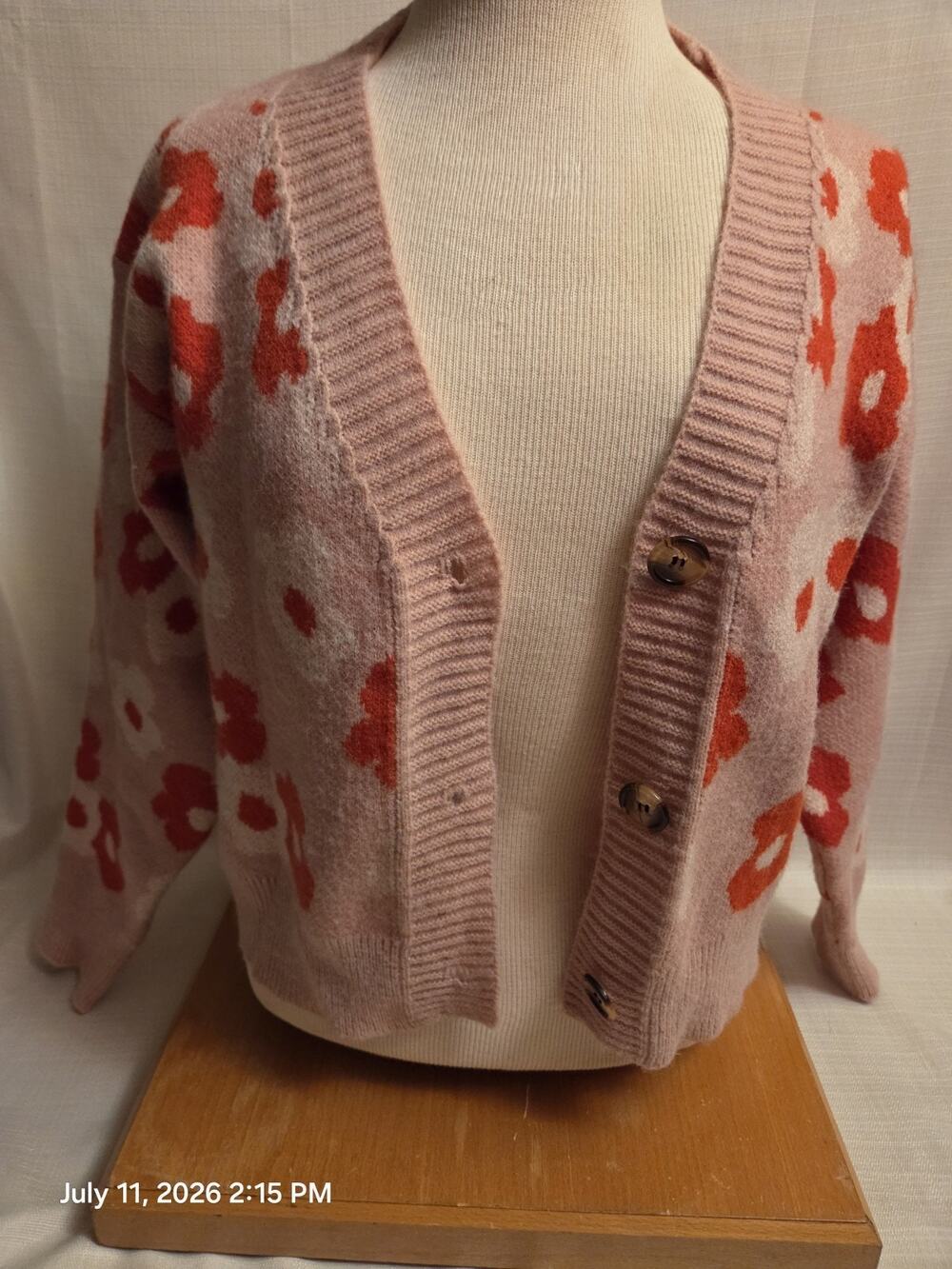 RedBerry Women's S/M Pink Floral Knit Button Cardigan Sweater V-Neck Long Sleeve